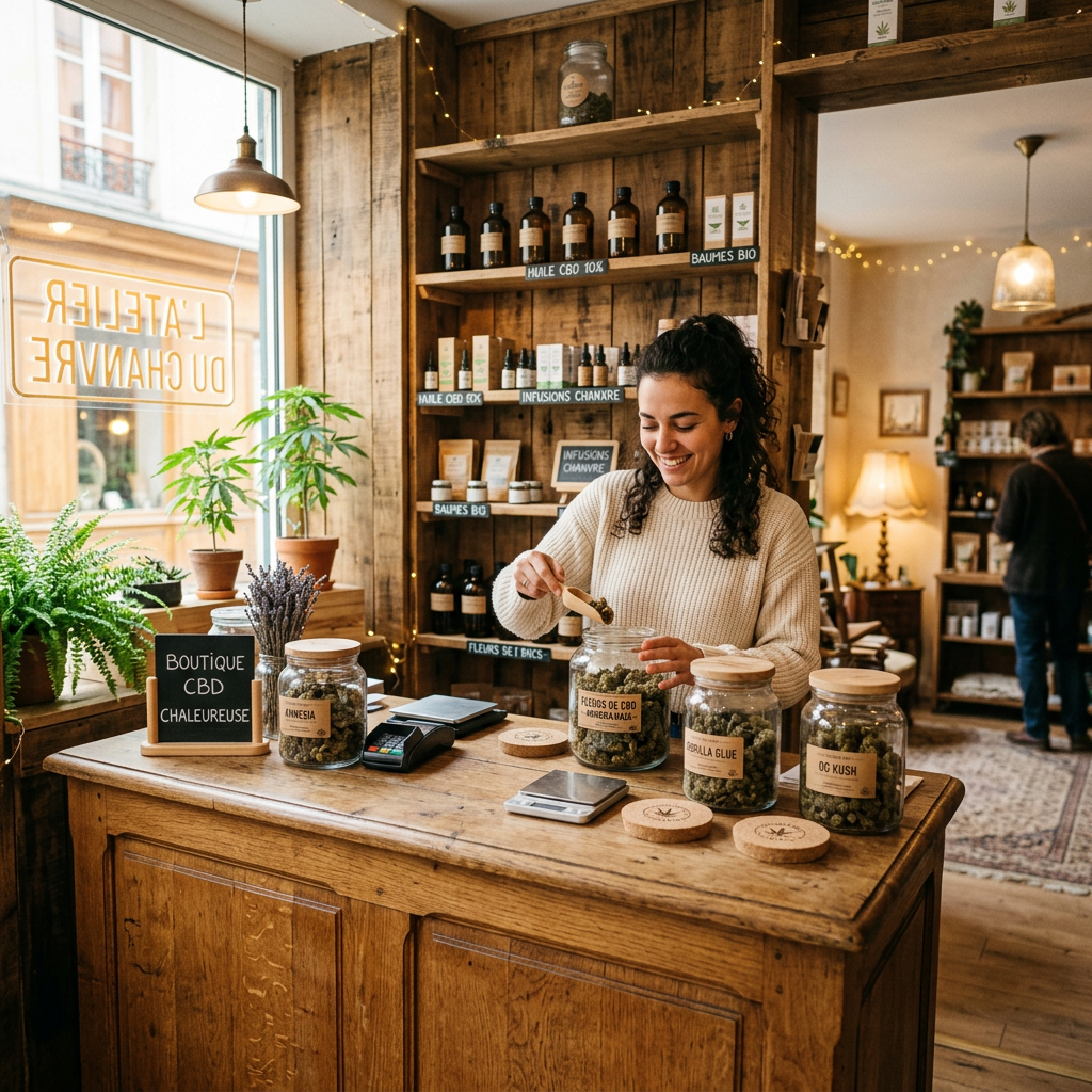 Woman scooping cannabis from a jar in a rustic CBD shop