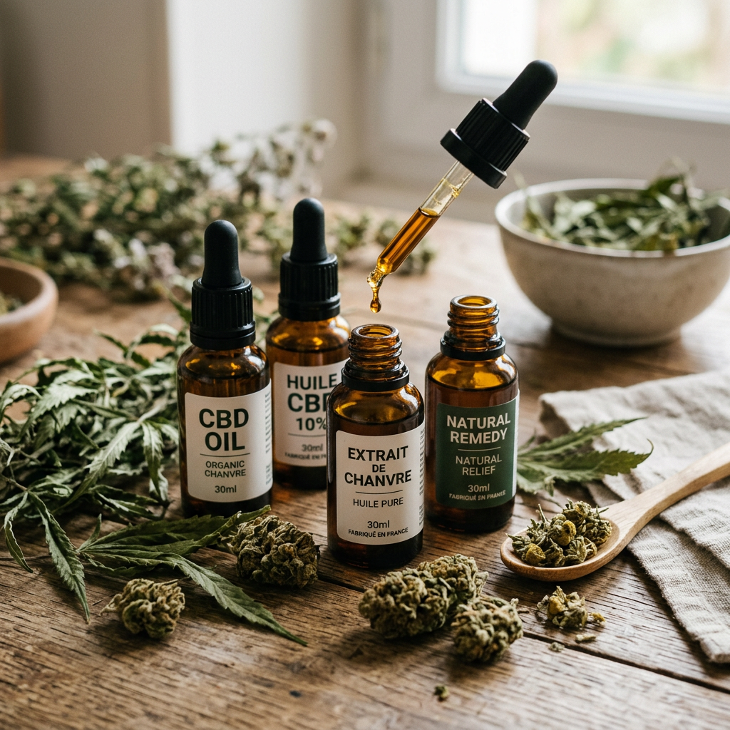 CBD oil bottles labeled CBD OIL, HUILE CBD 10%, EXTRAIT DE CHANVRE, and NATURAL REMEDY